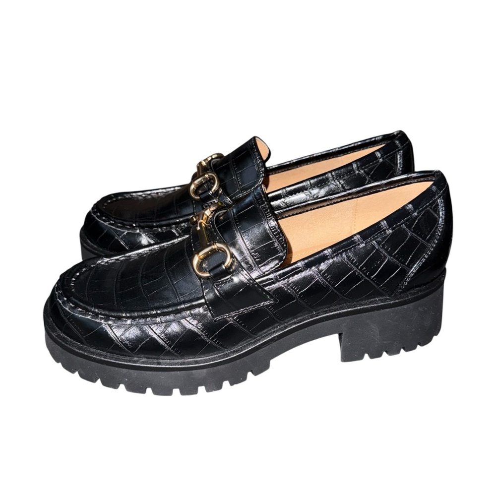 Nine West Black Croc Embossed Loafer Flats with Metal Bit Slip-on Gold Hardware - Picture 2 of 5